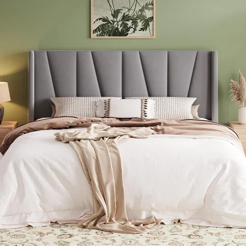 Vista 8 de Allewie Base de cama de plataforma tamaño Queen con cabecera geométrica con respaldo de alas, cama tapizada bohemia con soporte de listones de Beige