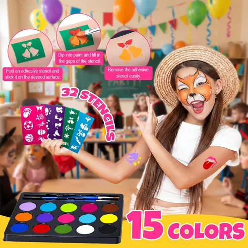 Vista 4 de Kit de pintura facial Drawdart para niños - 15 colores de pintura facial no tóxica a base de agua con plantillas y brochas - Kit de maquillaje