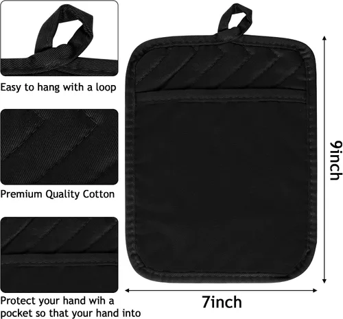 Vista 2 de R HORSE Juego de 6 piezas de agarraderas para ollas con bolsillo para cocina, juego de agarraderas para ollas negras de algodón, resistente al