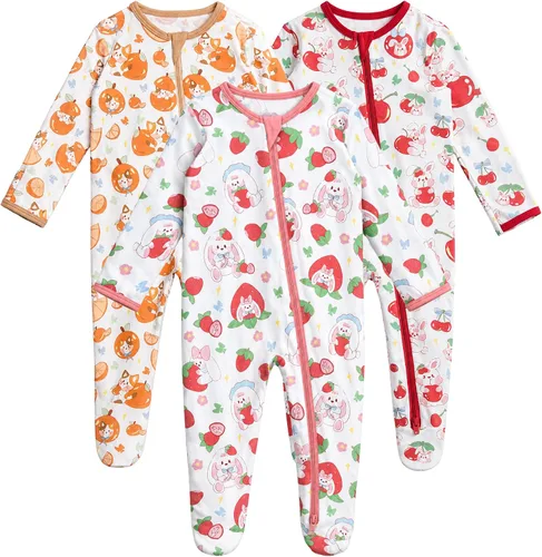 Vista 6 de Pijamas de bebé para niño con pies y puños, hechos de rayón de bambú, con cierre de dos vías y manga larga Celadon-aqua Green-pail Lila