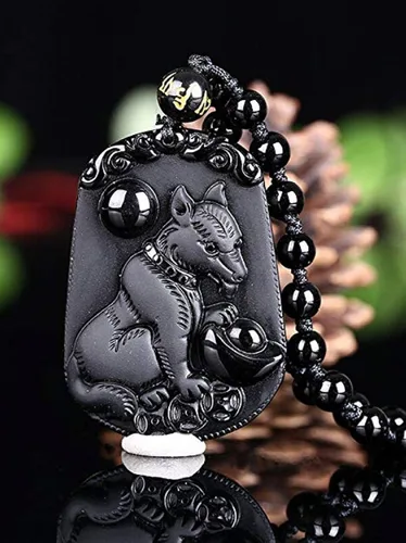 Vista 3 de Collar de animales de zodiaco chino con cuentas de obsidiana natural con cadena de cuentas ajustable, Obsidiana, Obsidiana