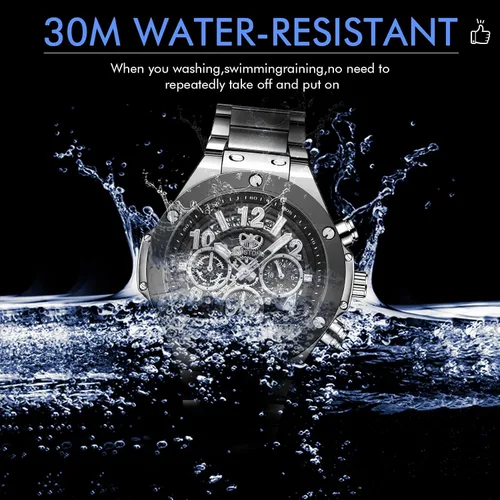 Vista 6 de SENSETONE Mens Watches Quartz Movement Chronograph Stainless Steel Black Strap Fashion Business Sport 30M Waterproof Big Dial Wristwatch Elegant