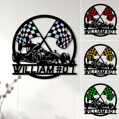 Vista 16 de Letrero de metal personalizado de carreras – Muro personalizado con nombre de coche de carreras, valla, garaje, patio, hogar, cueva de hombre