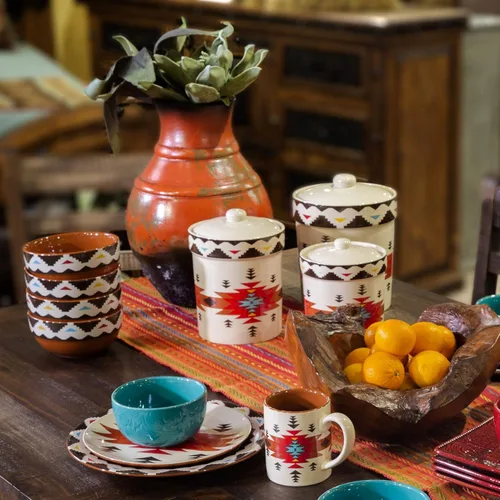 Vista 12 de Paseo Road Chalet Aztec - Juego de vajilla de cerámica de 16 piezas con platos, cuencos, tazas, estilo cabaña rústica del suroeste