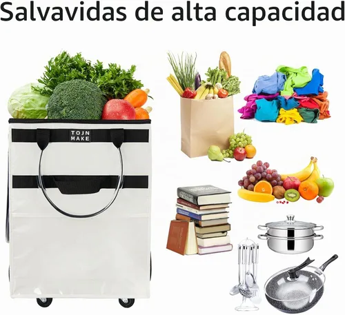 Vista 7 de Bolsa de comestibles reutilizable sobre ruedas, carrito de compras con 8 bolsillos y cubierta con cremallera, bolsa plegable con ruedas, asas