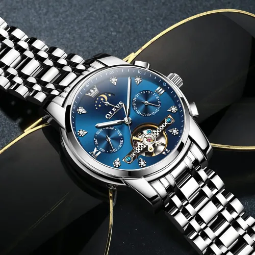 Vista 5 de OLEVS Men Automatic Watch Skeleton Moon Phase Dial Luxury Dress Stainless Steel Strap 5 Hands Diamond Men Wrist Watches