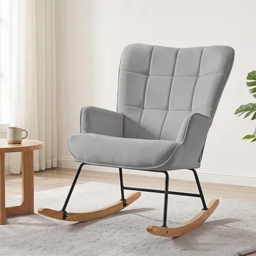 Vista 11 de Furniliving Silla mecedora para guardería, base de madera maciza de tela de Gris