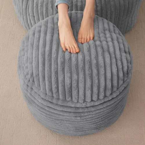 Vista 11 de HIGOGOGO Puf Otomano Redondo Relleno, Pufs de Piel Sintética a Rayas con Relleno de Trozos de Espuma, Puf Peludo y Esponjoso Taburete Reposapiés
