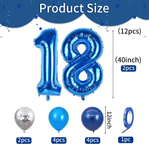 Vista 2 de Globos azules del número 18 de 40 pulgadas, globos de cumpleaños de 18 años, globos de látex azul claro y azul oscuro con impresión plateada