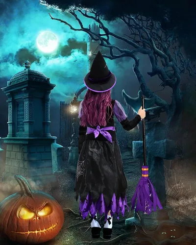 Vista 5 de Disfraz de bruja de Halloween para niñas, bruja malvada morada y negra con sombrero, falda de murciélagos iluminados