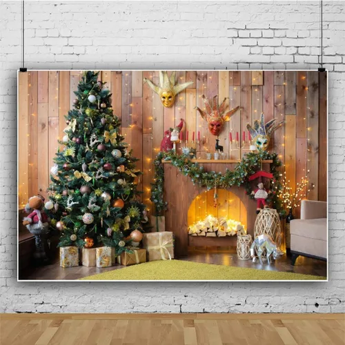 Vista 3 de Renaiss Fondo de chimenea de Navidad de 5 x 3 pies, cajas de regalo de árbol de Navidad retro marrón con purpurina, fondo de fotografía de Feliz