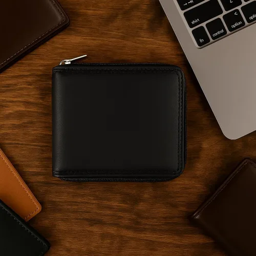 Vista 6 de Billetera plegable para hombre con cremallera y bloqueo RFID de cuero premium (negro)