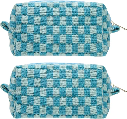 Vista 72 de PAZIMIIK Bolsa de Maquillaje a Cuadros para Bolso Portátil con Cremallera, Estuche Pequeño de Cosméticos para Accesorios de Viaje, Azul Ártico