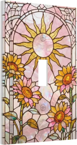 Vista 101 de Cubierta de Interruptor de Luz de Estilo Boho Vintage de los 70 Sol Arcoíris Champiñón Floral Rocker Individual 1 Gang Cubierta de Enchufe