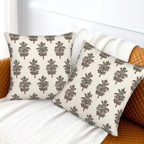 Vista 4 de Juego de 2 fundas de almohada florales de color marrón y gris de 16 x 16 pulgadas, fundas de almohada con estampado de bloques de hojas de flores