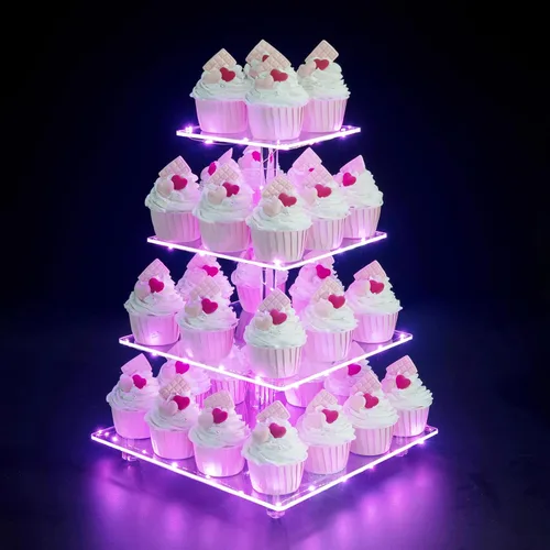 Vista 8 de Soporte para Cupcakes, Soporte Redondo para Cupcakes de 4 Niveles con Tira de Luces LED, Torre de Exhibición de Cupcakes de Acrílico para Bodas, Azul