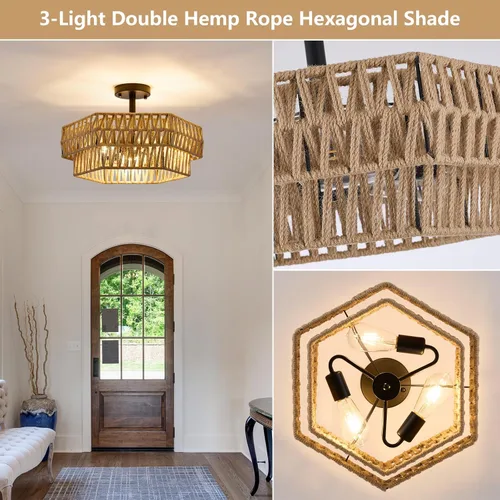 Vista 5 de XSDeTu Lámpara de techo semiempotrada de granja, 3 luces, estilo bohemio, lámpara de techo de cuerda de cáñamo tejida rústica, lámpara de techo
