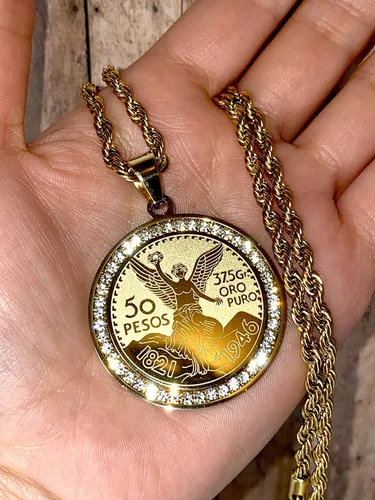 Vista 6 de Hombres Mujeres 925 Italia 14k Acabado Oro helado Moneda Mexicano Moneda 50 Pesos Ice Out Colgante Acero Inoxidable Real 0.098in Cadena Cadena