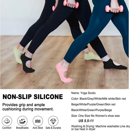 Vista 7 de 5 pares de calcetines de pilates, calcetines de yoga con agarres para mujer, antideslizantes, pilates, entrenamiento, barra pura, ballet, danza