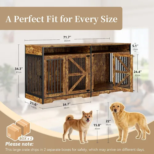 Vista 2 de Donox Mueble de jaula para perros para 1 o 2 perros, doble perrera con divisor extraíble y puertas dobles, mesa consola de madera resistente