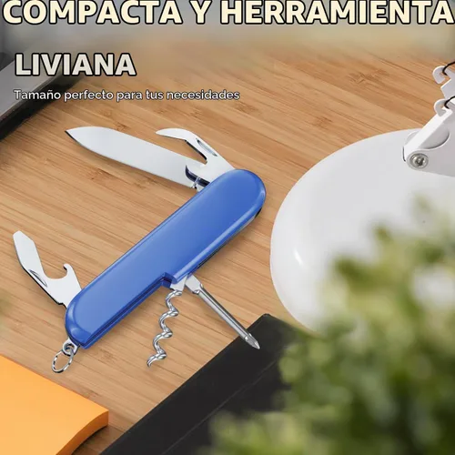 Vista 9 de Cuchillo de bolsillo pequeño 6 en 1 – Llavero multiherramienta – Cuchillo de bolsillo compacto para niños con abridor de botellas, abrelatas 1 azul