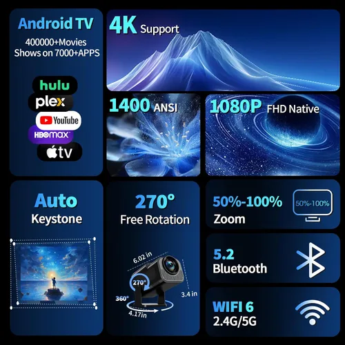 Vista 2 de [Proyector 2026 actualizado] Mini proyector compatible con 4K 1080P Keystone automático 270° giratorio con WiFi 6 y Bluetooth 5.2 proyector portátil