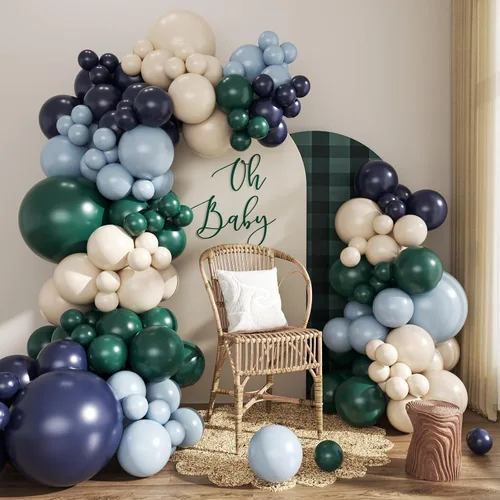 Vista 11 de Kit de arco de globos verde salvia azul pastel, 124 piezas de globos macarón amarillo blanco verde para decoraciones de cumpleaños de ganso, género