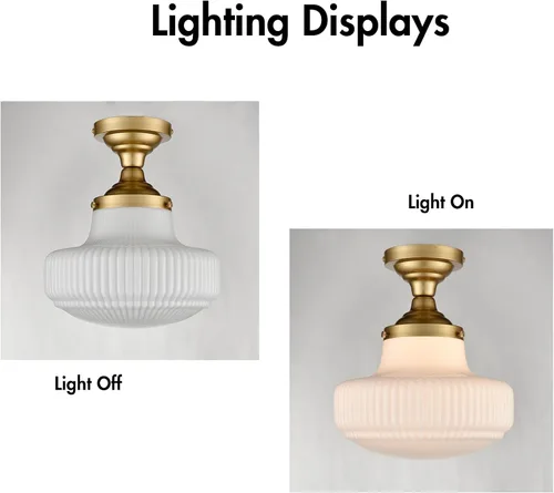 Vista 7 de CLAXY - Lámpara de techo moderna dorada con pantalla acanalada semiempotrada Dimmable E26 Based, Indoor Light, Ribbed Milk Glass Lampshade Light
