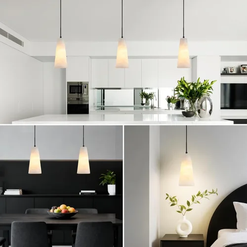 Vista 8 de Luces colgantes de alabastro natural, isla de cocina, pantalla cónica de mármol blanco, modernas lámparas de techo negras para mesa de comedor, sala