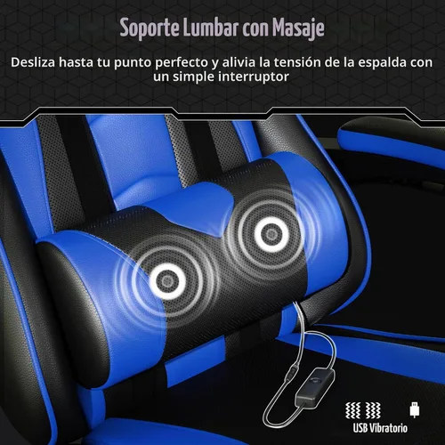 Vista 5 de Yaheetech Silla Gaming con reposapiés Masaje Almohada Lumbar Negro y Azul
