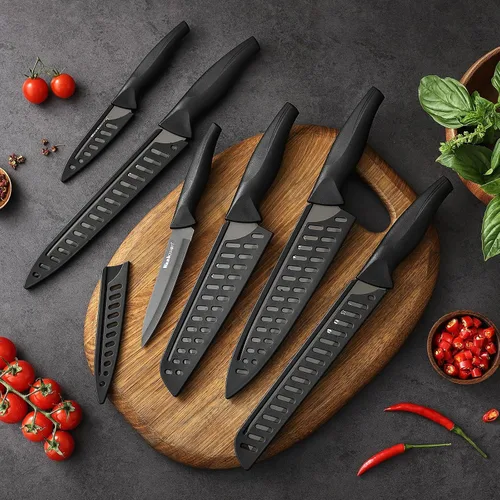 Vista 7 de Wanbasion Juego de cuchillos de cocina profesional negro, de acero inoxidable, apto para lavavajillas con fundas