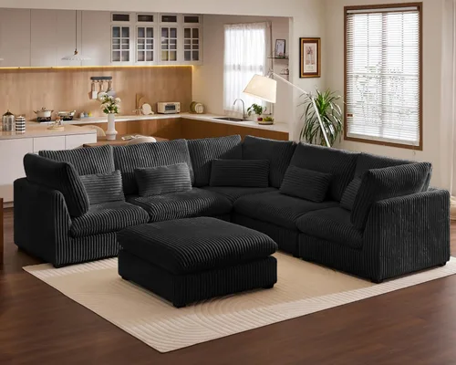 Vista 29 de Sofá Modular de Tamaño Grande, Sofá Seccional de Chenilla Cloud Extra Profundo con Chaise Otomana, Sofá Cama de Chenilla Esponjosa de 5 Asientos