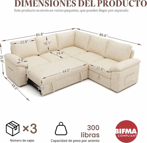 Vista 3 de Sofá Seccional Modular de 85 Pulgadas con Cama Extraíble, Sofá Cama Seccional en Forma de L de 5 Asientos con Almacenamiento, Sofás Seccionales