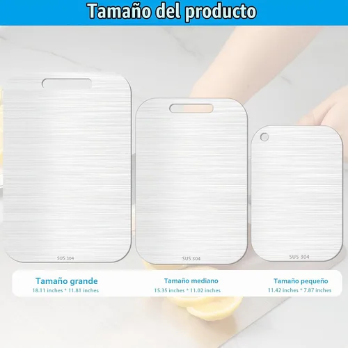 Vista 2 de Juego de 3 tablas de cortar de acero inoxidable, tablas de cortar de cocina de metal 304, no tóxicas con bordes sin rebabas, aptas