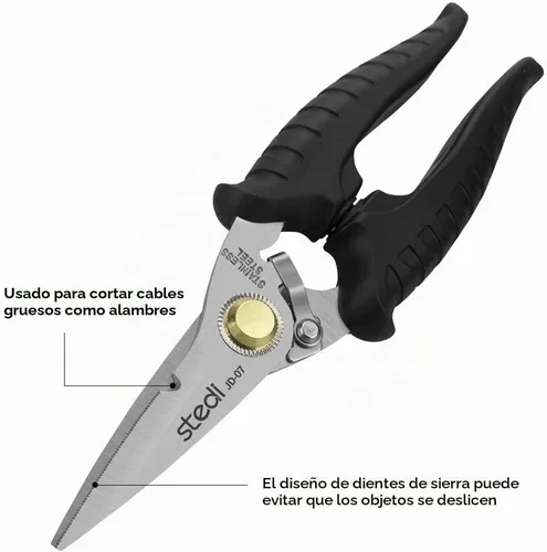 Vista 4 de stedi Tijeras resistentes, multiusos, con cuchillas de acero inoxidable de alto carbono finamente dentadas, muesca de cable eléctrico de fácil