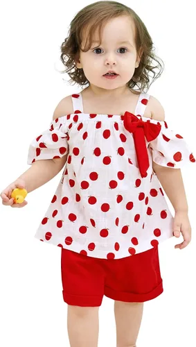 Vista 6 de Hipea Ropa de verano para bebés y niñas pequeñas camisola con volantes lunares y pantalones cortos casuales ropa para recién nacida