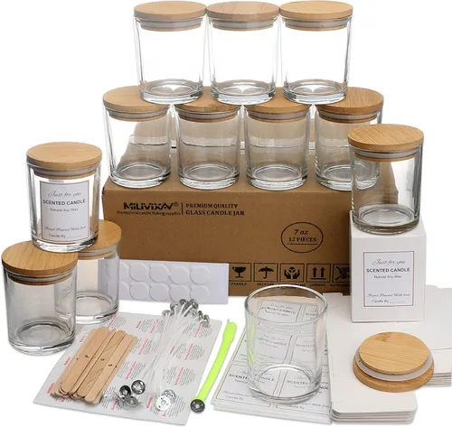 Vista 19 de MILIVIXAY Paquete de 12 tarros de vela de vidrio ámbar de 7 onzas con tapas y kits de fabricación de velas, tarros de velas vacíos a granel