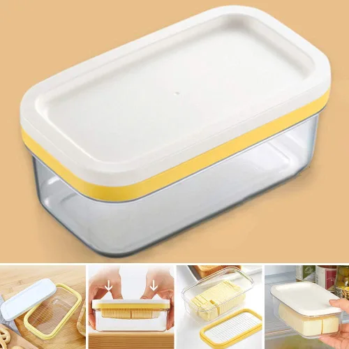 Vista 3 de Mantequillera rectangular con tapa con cortador para cortar y almacenar fácilmente, caja de mantequilla para refrigerar, contenedor de mantequilla