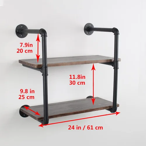 Vista 2 de MBQQ Estante industrial de tubo retro de 24 pulgadas de 2 niveles montado en la pared, estantes flotantes rústicos, estantes de bar de cocina