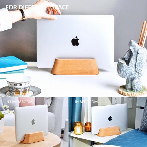 Vista 6 de ACODE Soporte vertical de madera para computadora portátil para escritorio, compatible con MacBook Pro Air, superficies, ranura de almacenamiento