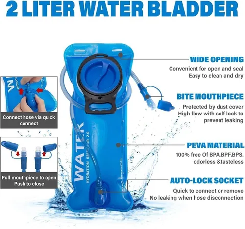 Vista 6 de Mochila de hidratación con luces frías, bolsa de agua de 2 L, bolsa ligera para correr, senderismo, bicicleta, escalada, festival de música esencial