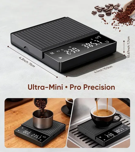 Vista 2 de Báscula de café recargable con temporizador, mini báscula de café expreso de 4.4 lbs/0.00 oz de alta precisión para café expreso y café, báscula