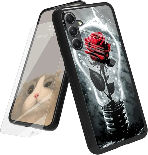 Vista 99 de Funda para Samsung Galaxy A12 5G con protector de pantalla, parte trasera de vidrio templado + TPU de silicona suave que absorbe los golpes