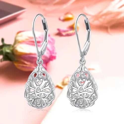 Vista 109 de Aretes colgantes de filigrana de plata de ley 925, margarita, loto, flor de rosa, piedra lunar, lágrima para mujer, nudo celta infinito, margarita