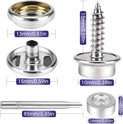 Vista 2 de Kit de 150 piezas de lona a presión con 2 herramientas de ajuste – Kit de cierre de botón de lona de acero inoxidable de grado marino de 3/8