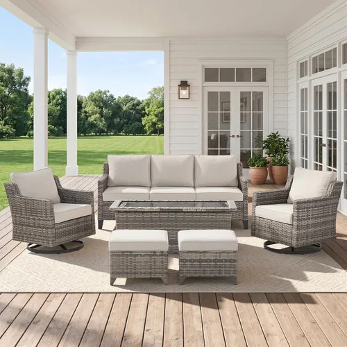 Vista 59 de Belord Sofá de patio exterior acolchado de 3 asientos de lujo de 6 pulgadas Cojín de mimbre marrón/beige de 6 pulgadas