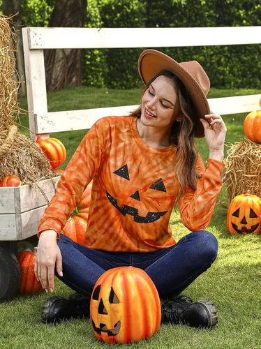 Vista 5 de For G and PL Sudadera de Halloween de manga larga con cuello redondo y calabaza para mujer