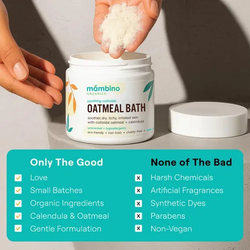 Vista 4 de Mambino Organics Polvo de Remojo de Baño de Avena Coloidal Calmante, para Recién Nacidos, Niños, Madres con Piel Seca y Sensible, Lavado de Bebé sin