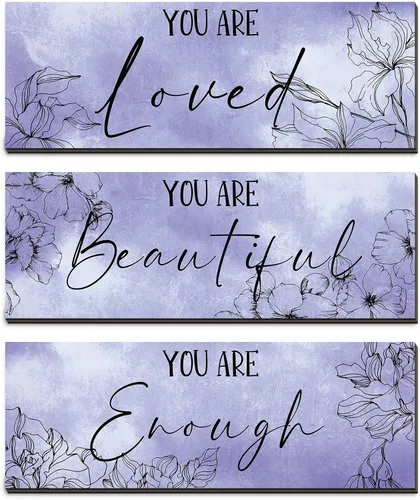 Vista 9 de Yookeer 3 Piezas de Arte de Pared Colgante de Madera Floral con Citas Inspiradoras "Eres Hermosa" Imagen para Habitación Decoración Gracias