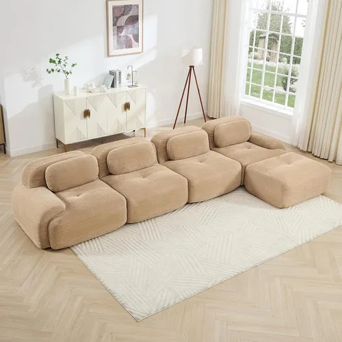 Vista 116 de Sofá moderno comprimido sin armazón de 116", sofás seccionales de 3 plazas para sala de estar, sofá seccional modular de pana verde nube, espuma